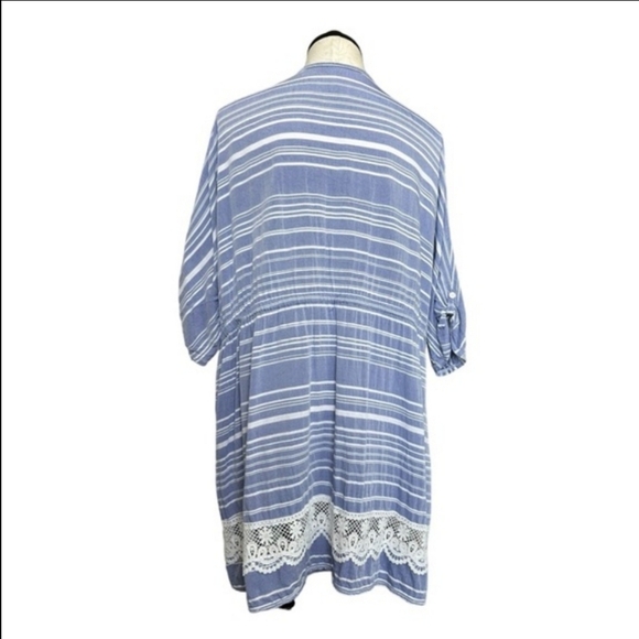 Dotti Tassel Tunic Striped Cover Up Blue White Crocheted Lace Trim Drawstring 1X - Picture 6 of 13